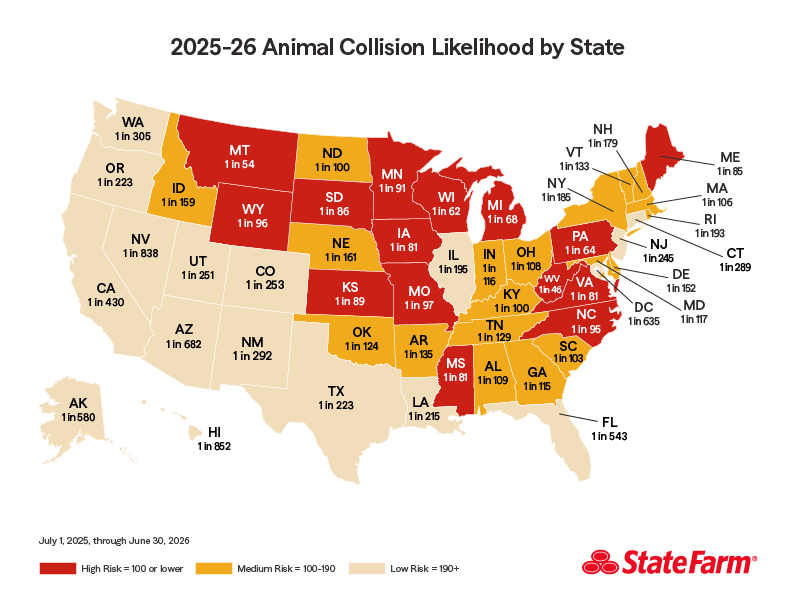 Map of 2025-26 animal collision likelihood by state