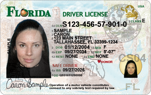 Front of Florida's new driver license design issued starting September 2026, with Castillo de San Marcos in the background
