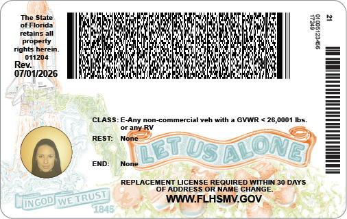 Back of Florida's new driver license design, with Space Shuttle Discovery and the motto Let Us Alone
